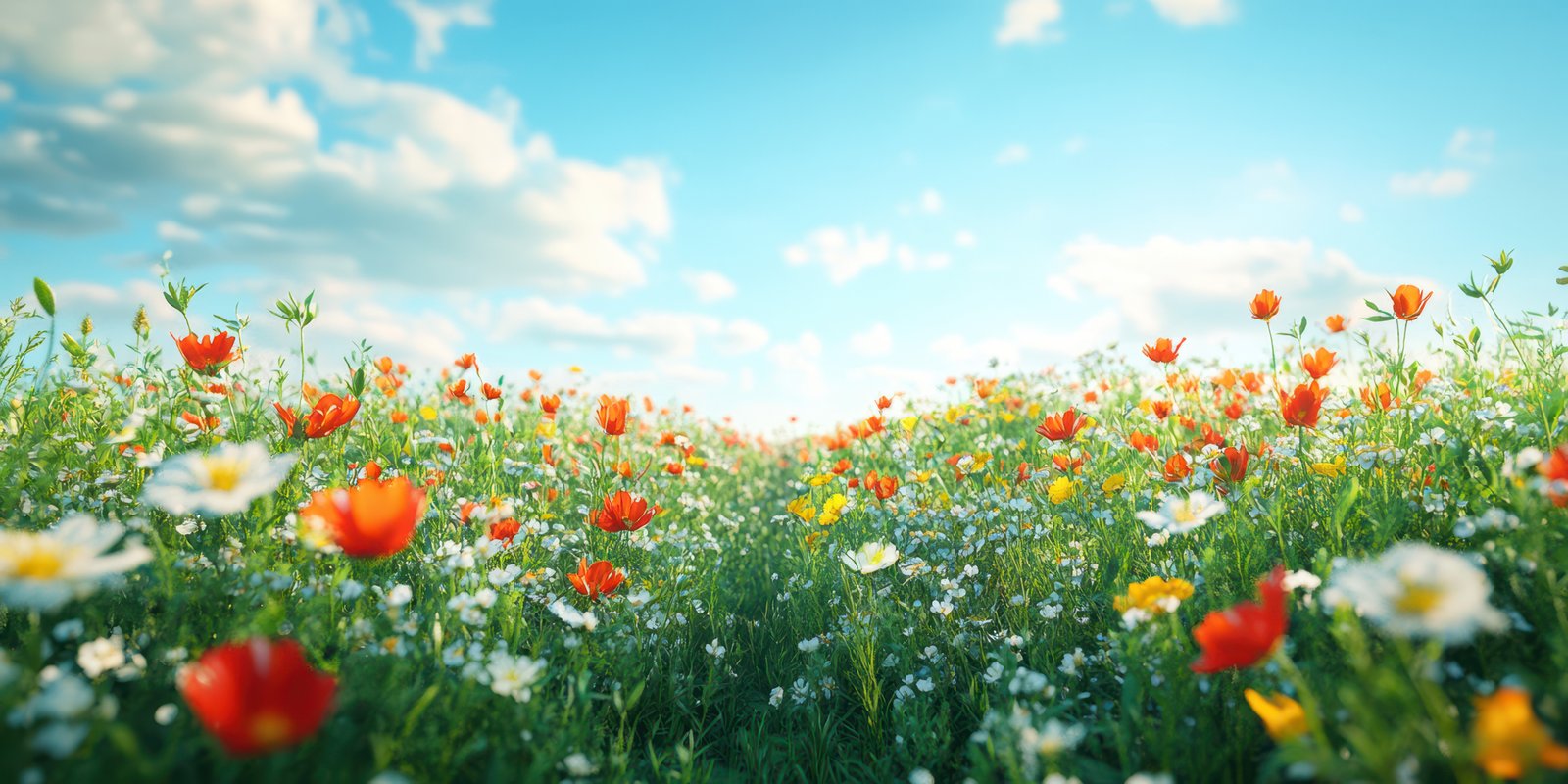 Vibrant wildflower meadow under a bright blue sky with fluffy white clouds on a sunny day